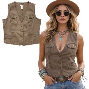 TINT Festival Vest Size XL Khaki Utility Button Front Safari Boho Western